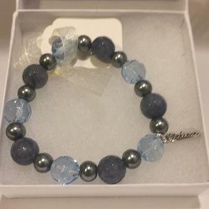 Faceted Blue Jade, Glass Bead Stretch Gem Bracelet